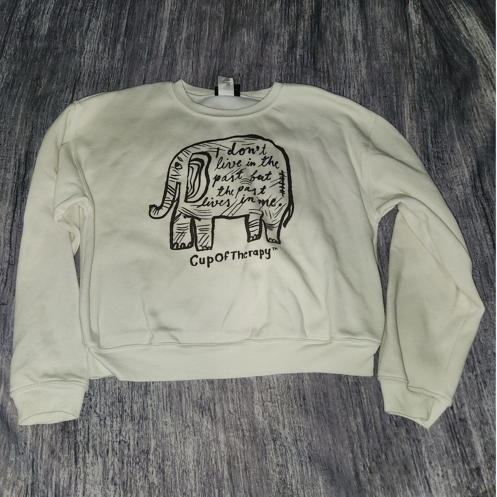 CupOfTherapy Cream‎ Elephant Graphic Sweatshirt Crewneck Long Sleeve Top Women's